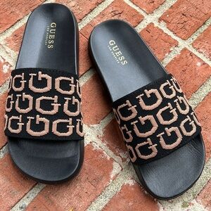 GUESS Dark Brown/Tan/Black Logo Embossed Novelty Ladies Slides